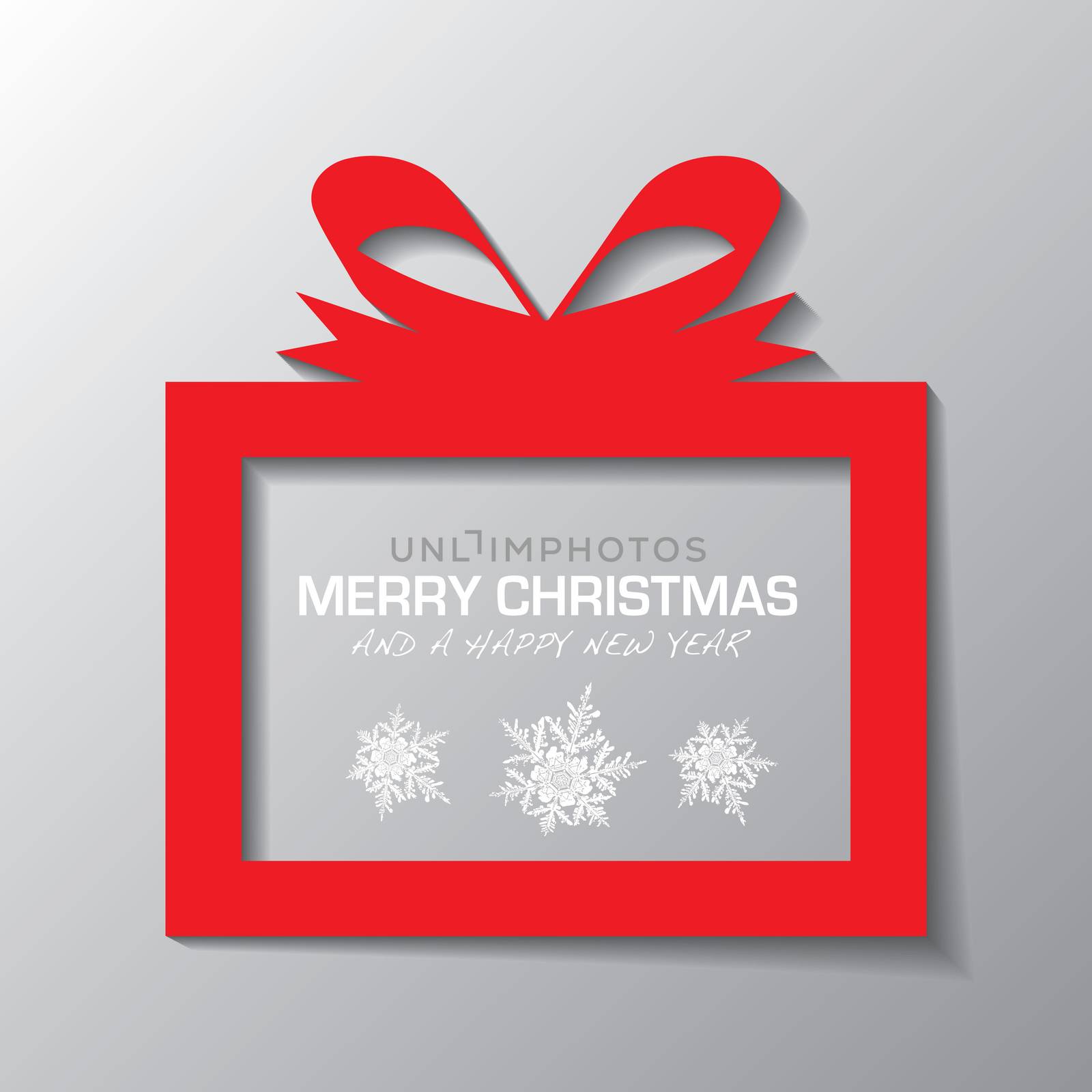 Red illustrated present icon with holiday message and snow flakes