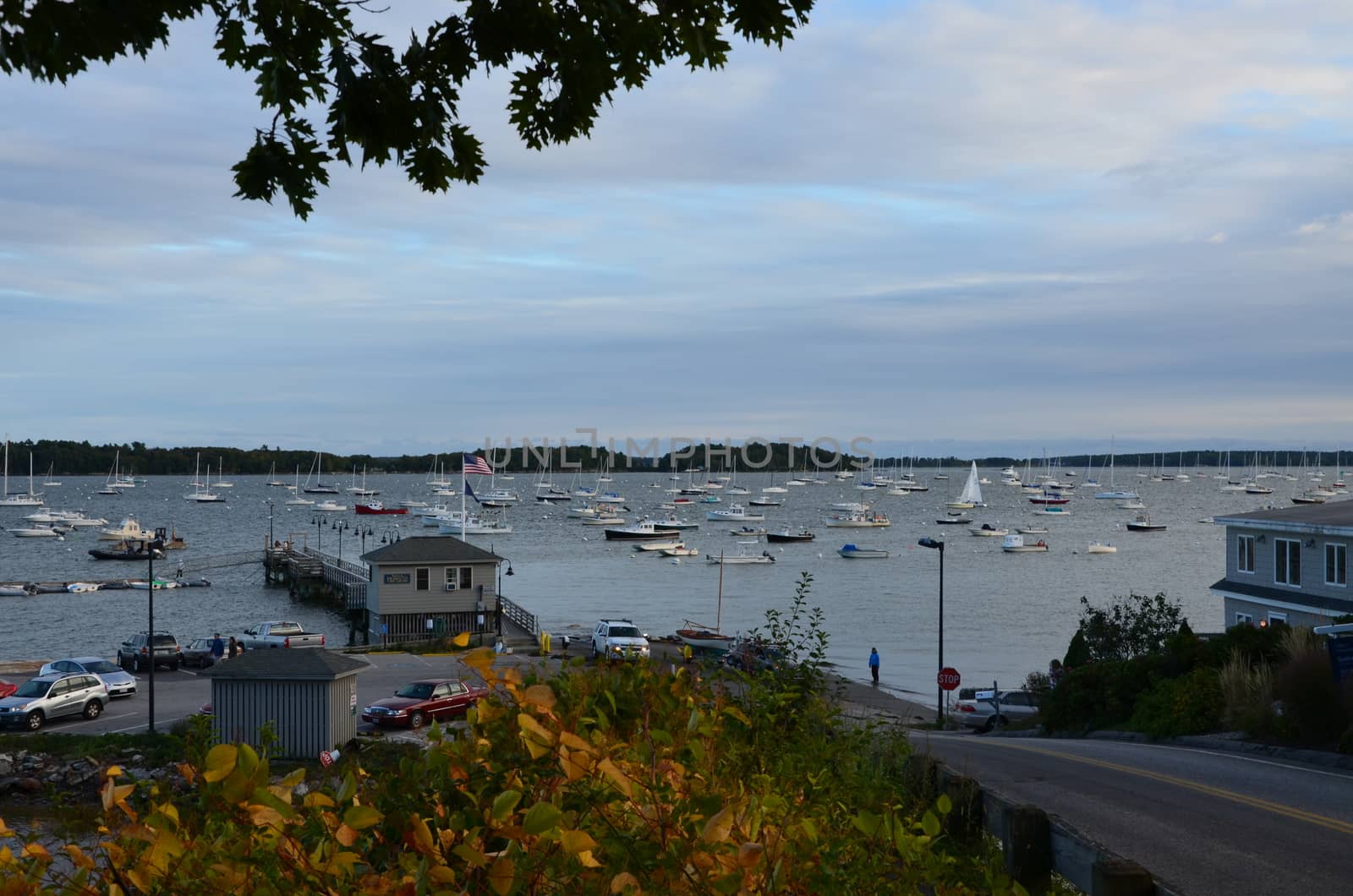View of Falmouth Maine coastal area with boats moored.