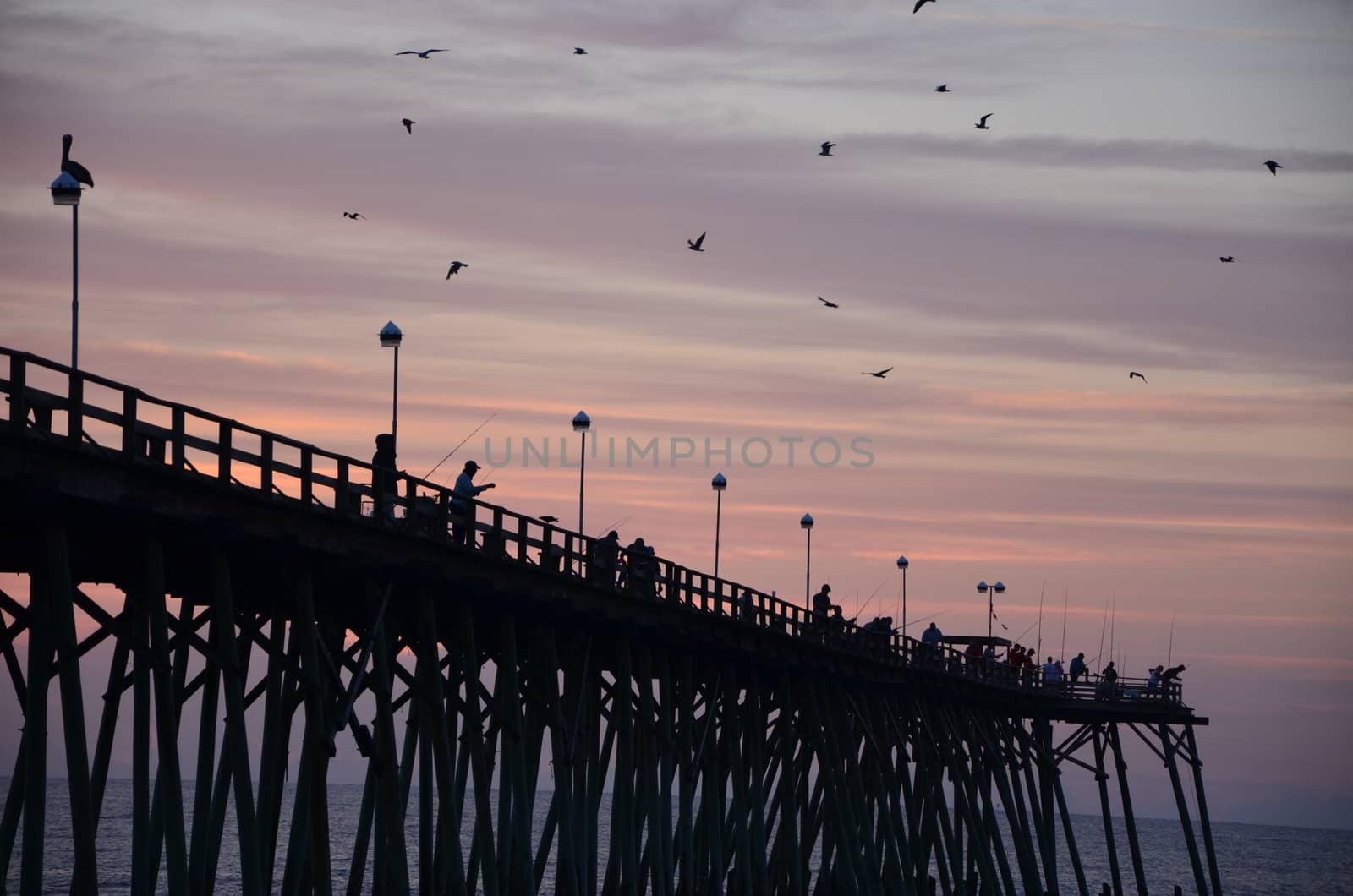 Catching fish off the pier. Sunrise at Kure Beach North Carolina on a warm summer morning.