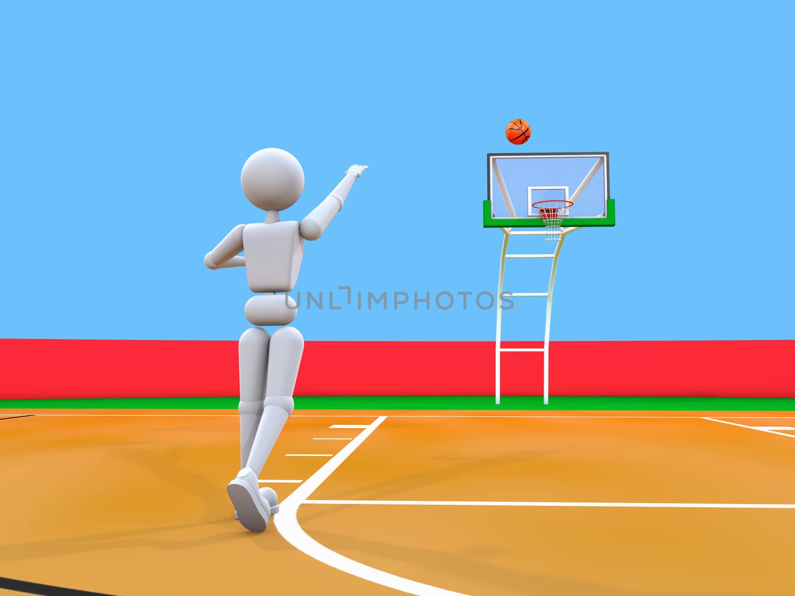 3d people - man person, on the basketball court, throwing the ball into the ring. Copy space
