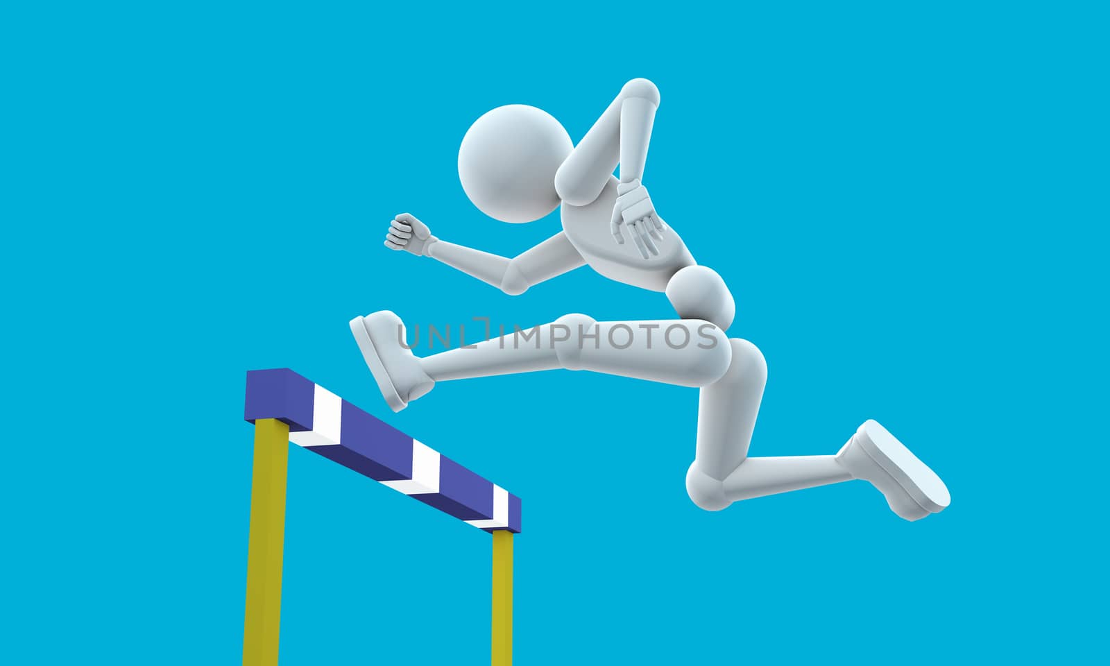 3d - illustration. puppet, people - man person, athlete, jumping through a barrier, isolated on blue background. Copy space.