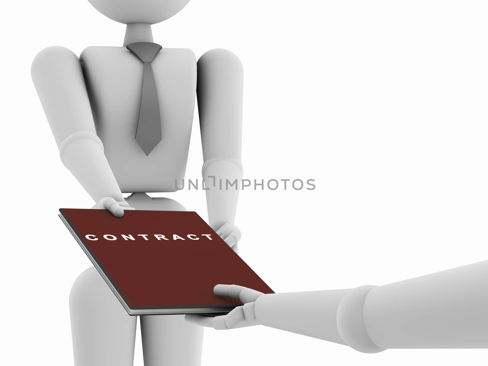 Illustration 3D abstract human. Puppet  person, people . White men, businessman gives, takes hand contract. Isolated, soft shadow on white background, close-up.