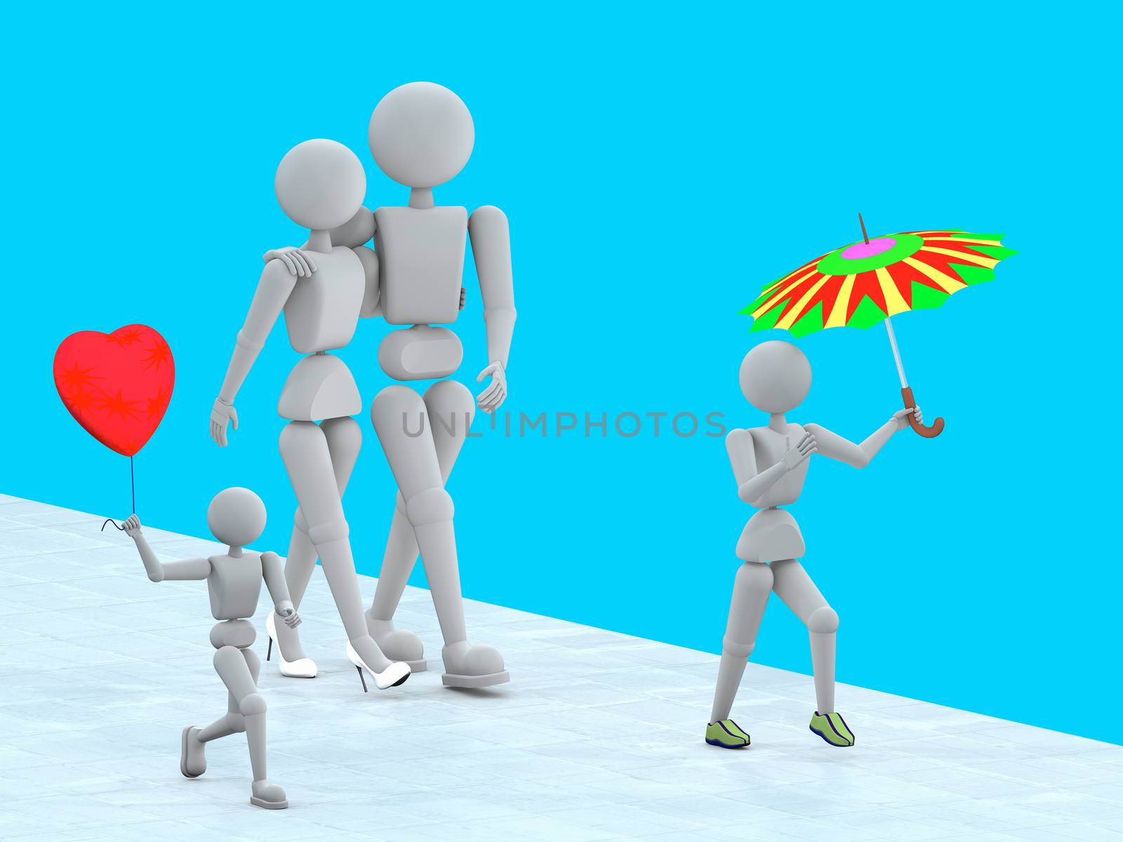 3D illustration. Puppet people. Cheerful family couple walking with children. Going down the path. On a blue background. Copy space