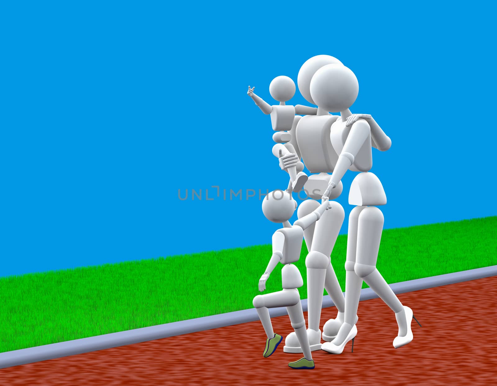 3D illustration. Puppet people. Parents with children on walk. Pope derzhet son in her arms. Daughter for hand pulls mom. Couple, hugging each other.