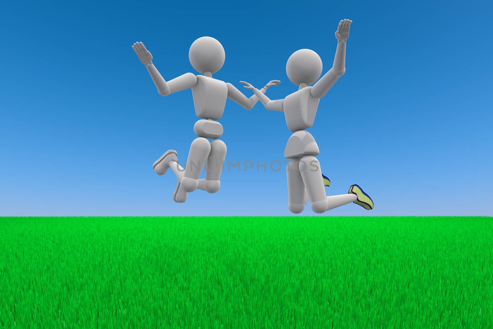 3D illustration. Puppet humans. Couple of young people, amusement, fun jumping. Against the background of sky and grass. Copy space