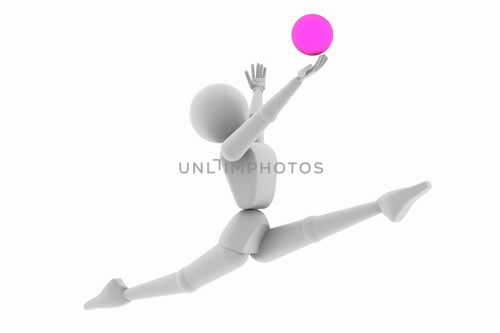 3D illustration. Puppet person, people, human. Jumping gymnast with the ball. Isolated on white background