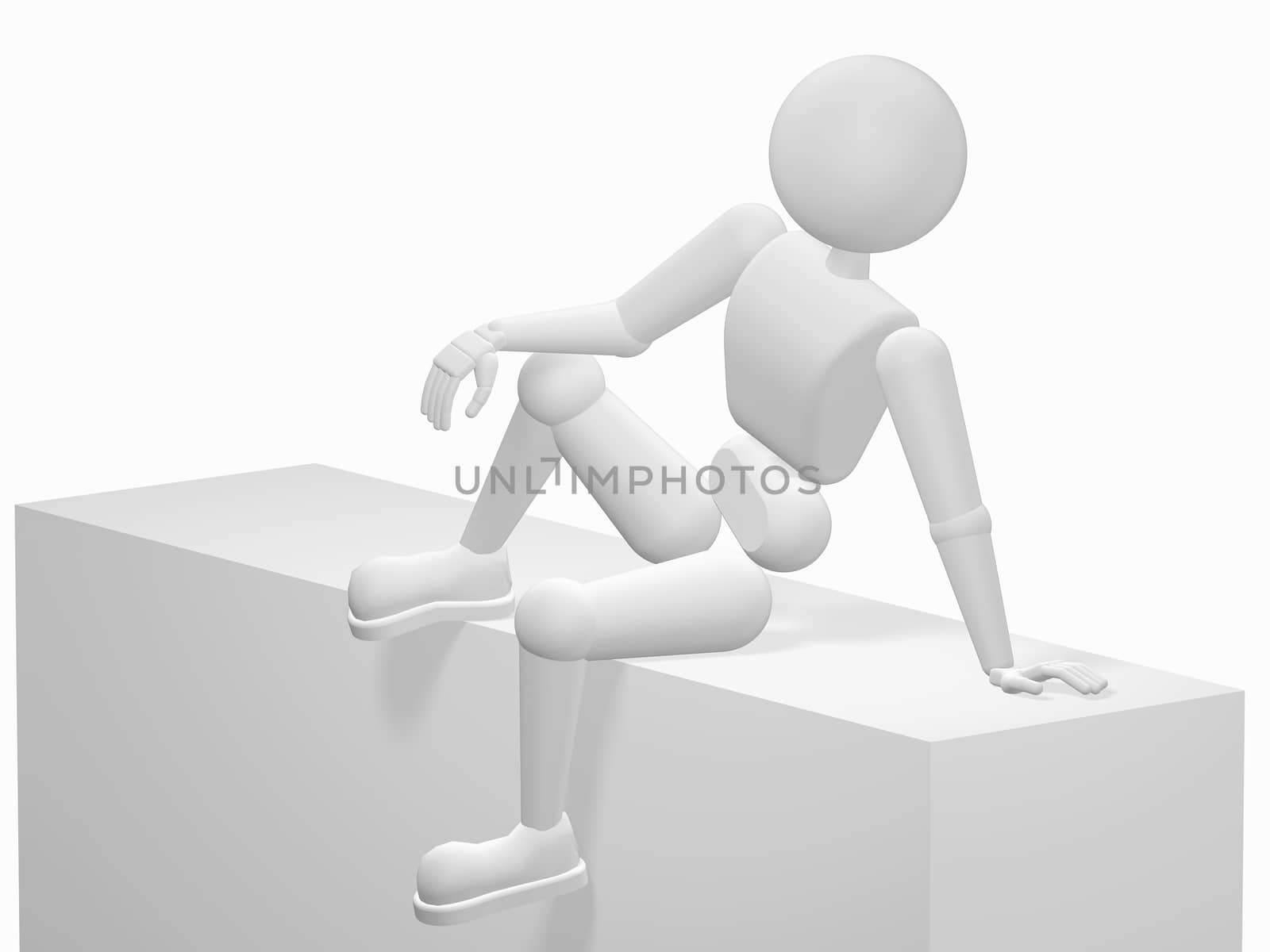 3D people, man person, satisfied, sitting on a box purchased, advertising purchased goods , semi isolated with soft shadow