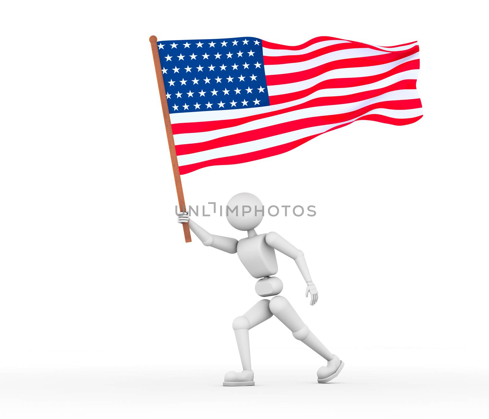 3D illustration. Puppet white man. Person proudly carries flag, the flag of the United States America. Isolated white background.