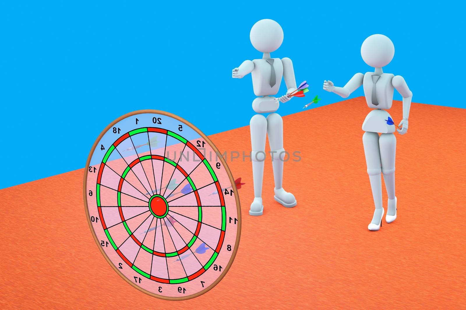 3D illustration. Puppet person, people, white human. Employees, break playing darts, throw a dart at a target. Blue background, brown floor. Copy space