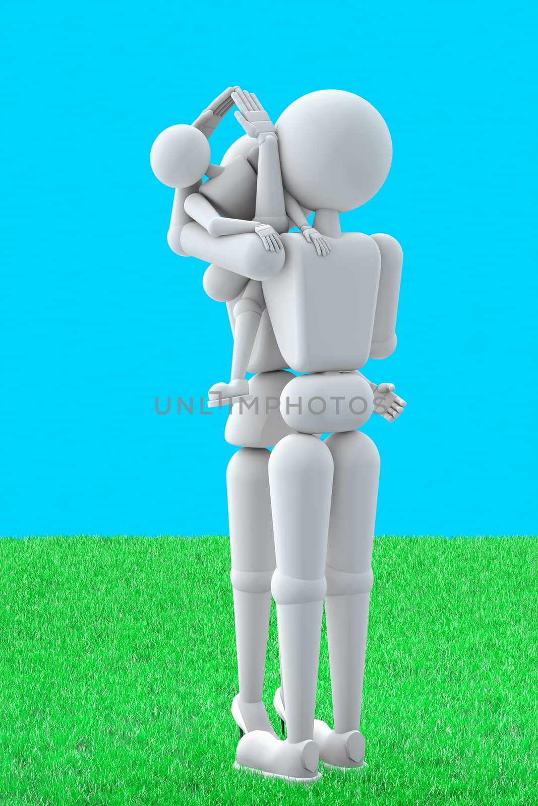 3D illustration. Puppet people. Married couple on lawn. Keep child hands. Hands represent symbol home.Standing on grass. Blue background