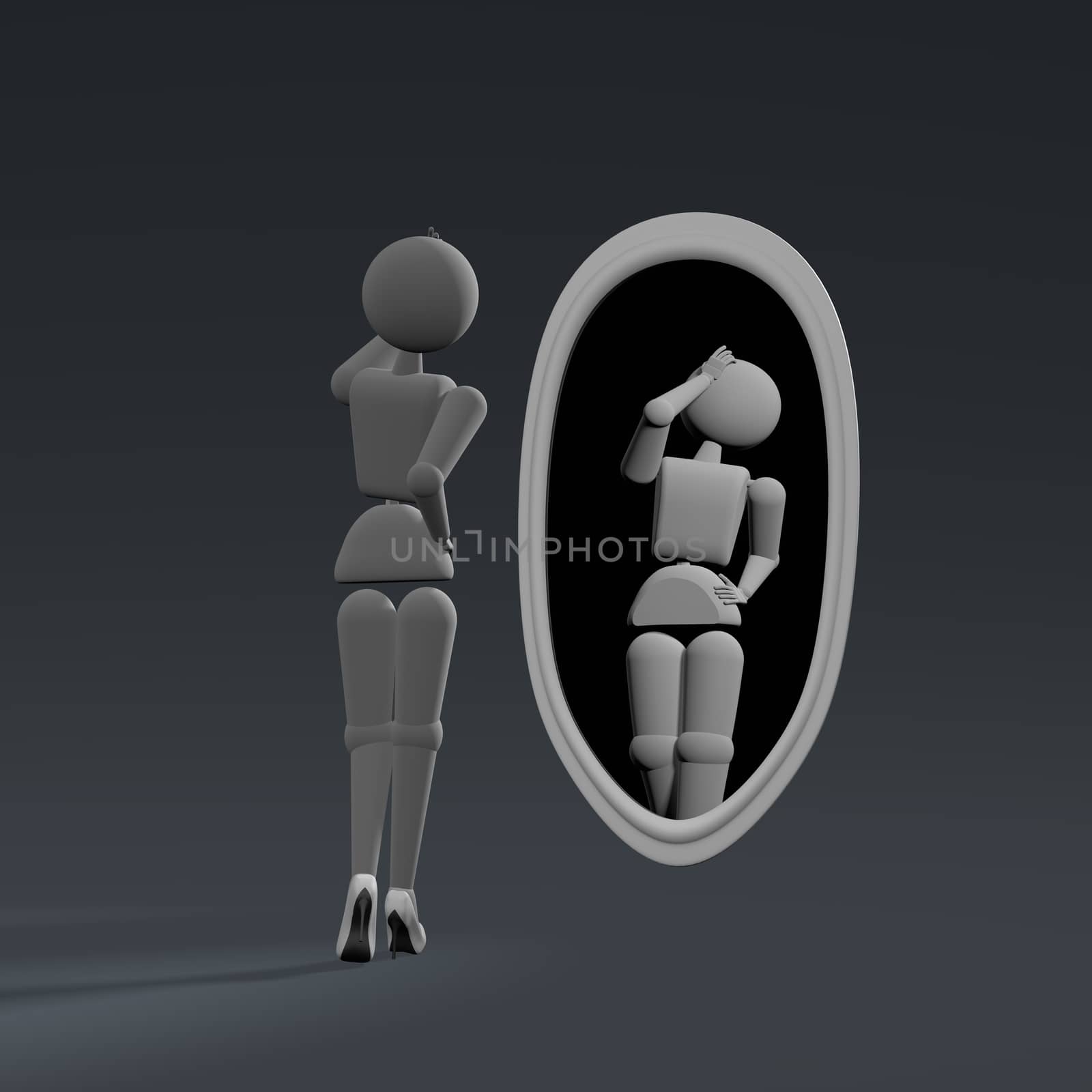 3D illustration. Puppet person, people. Elegant woman preens before a mirror. Background dark