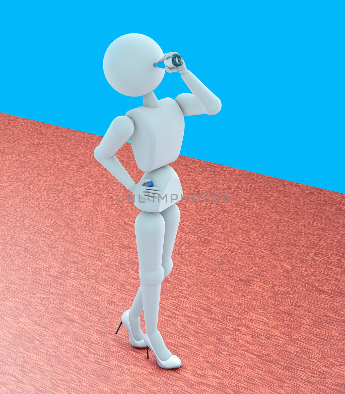 3D illustration. Puppet person, people, human. Elegant woman high heel shoes. Standing, drinking from bottle beverage, water. Blue background, brown carpet. Copy space