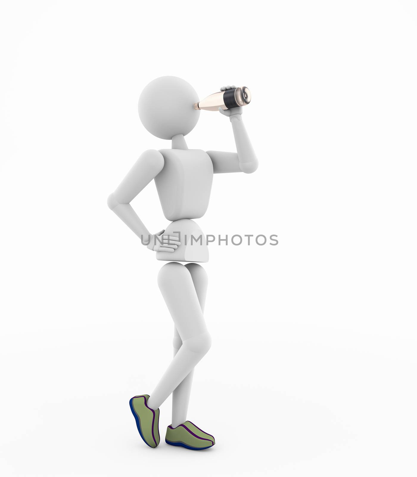 3D illustration. Puppet person, people, human. Slim and sports woman. quench your thirst, drinking from bottle beverage, water. Isolated with soft shadow on white background. Copy space