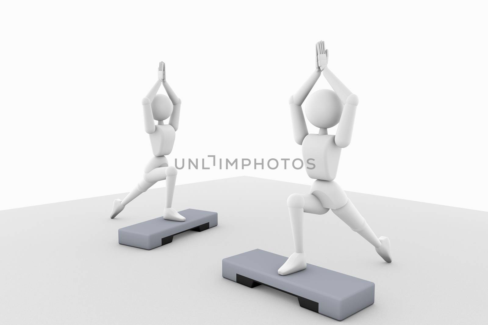 3D illustration. Puppet person, people. Two women. Aerobic, fitness exercise. The use of sports equipment to increase the load. Isolated with soft shadow, white background