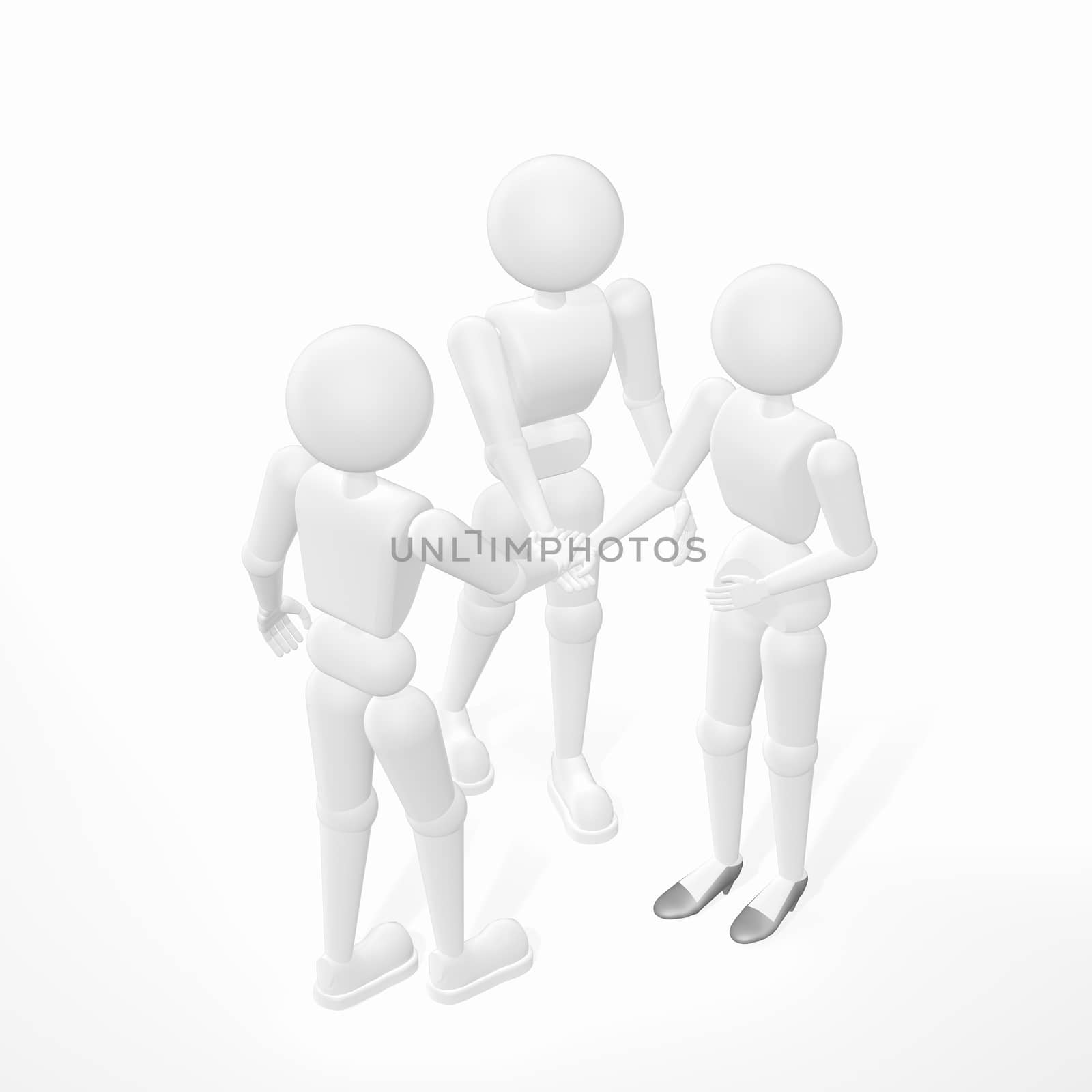 3d - illustration, model of human behavior, concept - business team from three models joining hands, semi isolated with soft shadow, white background