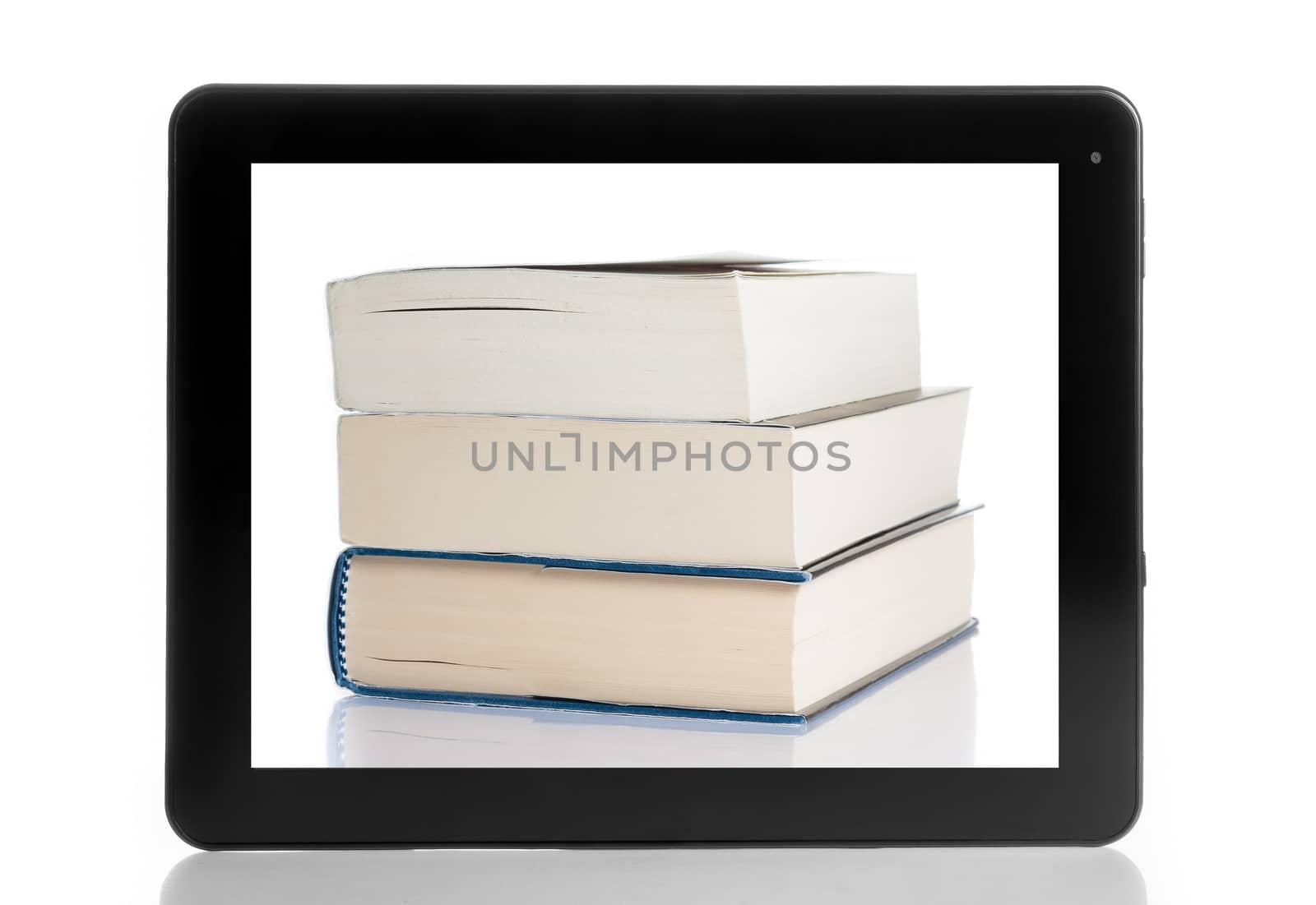 books and tablet pc isolated on white background by donfiore