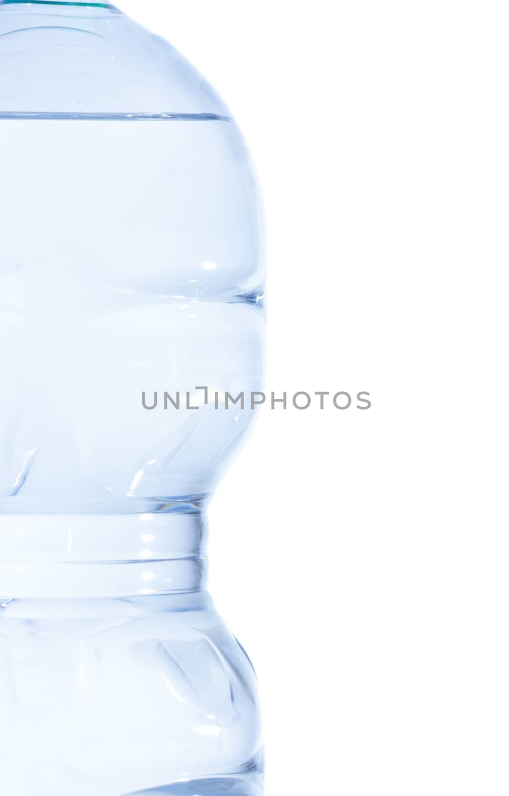 half plastic bottle with water on white background, concept of nutrition and diet with space for text