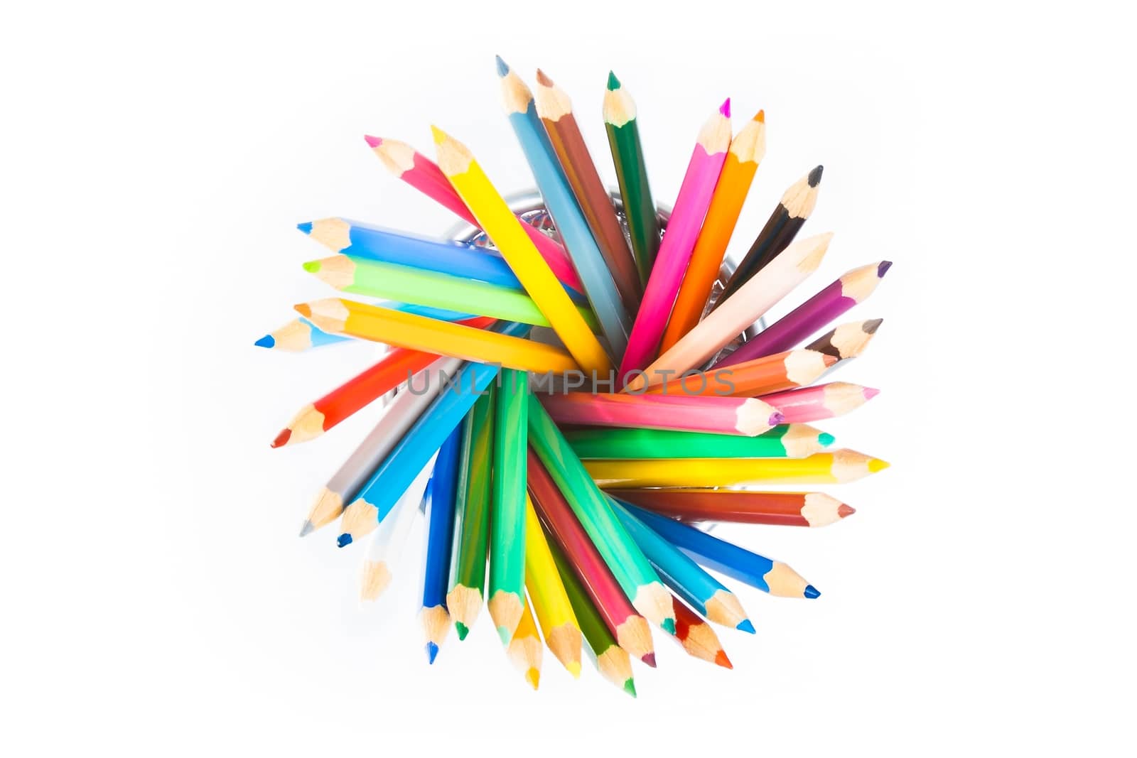 top of view of colorful pencils in container isolated on white background by donfiore