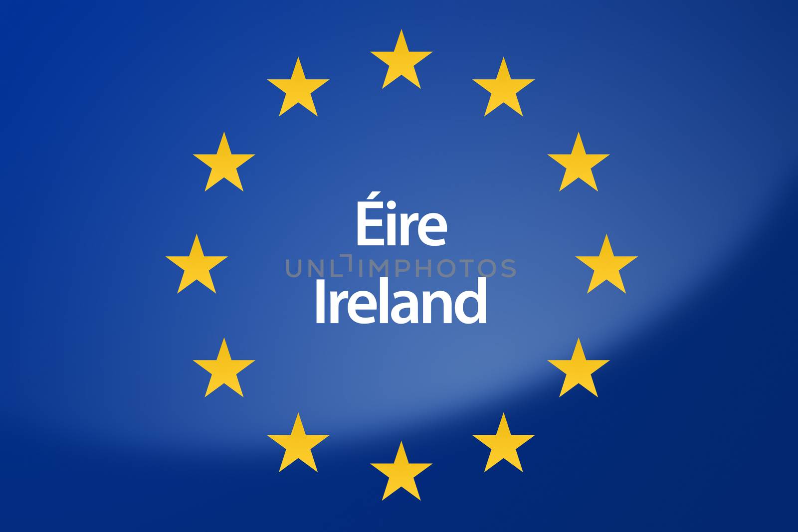 Illustration of European Union flag - labeled with Ireland in irish language