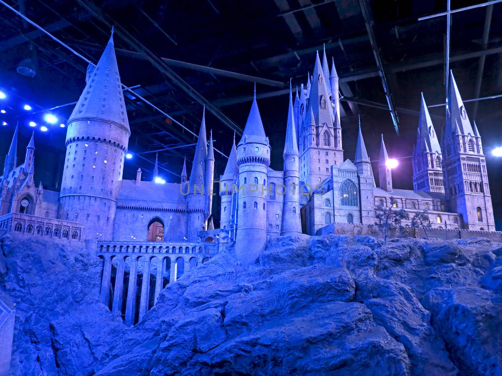 LONDON, ENGLAND - July 30, 2012 - A scale model of Hogwarts at The Warner Bros. Studio Tour - Making of Harry Potter.