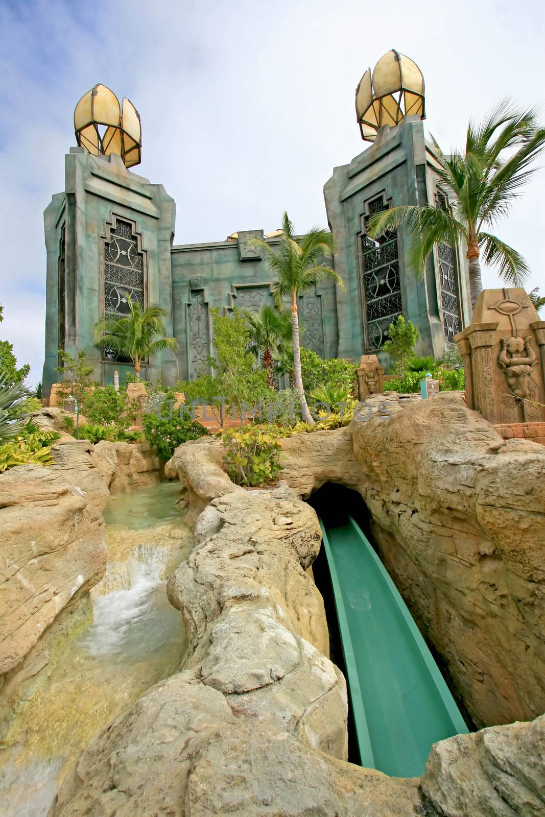 PARADISE ISLAND, BAHAMAS - January 28, 2009 - The Power Tower at Aquaventure, the water park at Atlantis, with the water slide, The Abyss.