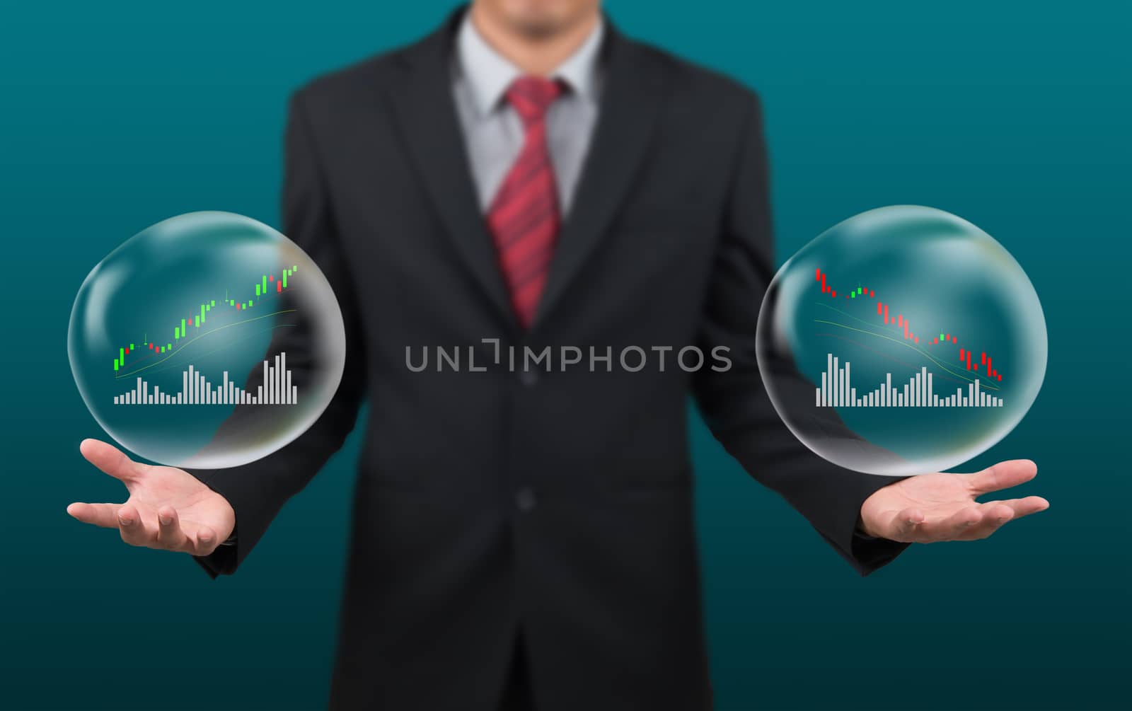 man show stock chart in bubble on hand