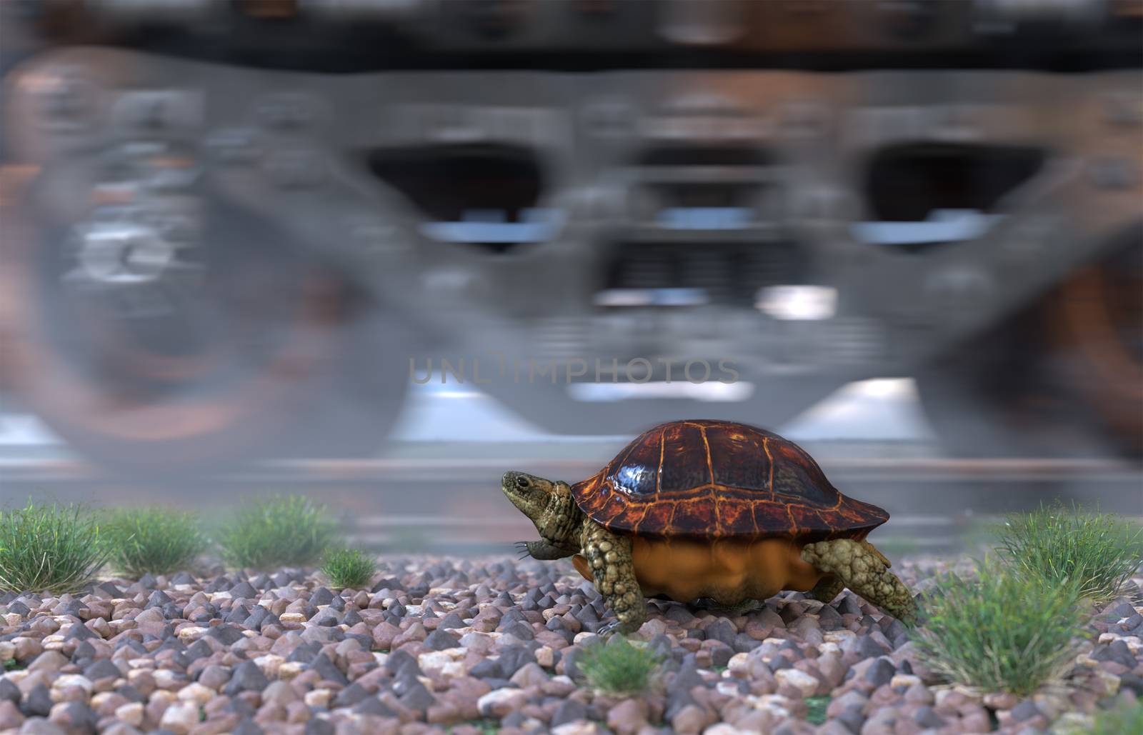 Who's faster. Railway track and train with running turtle. Travel  technology concept