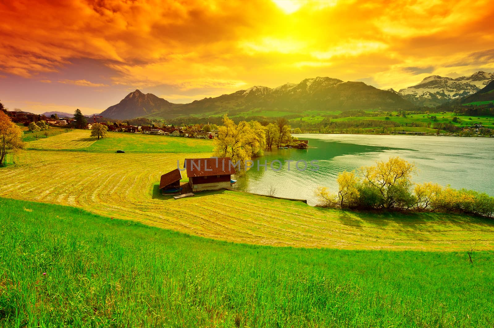 Lake Sarner on the Background of Snow-capped Alps, Switzerland