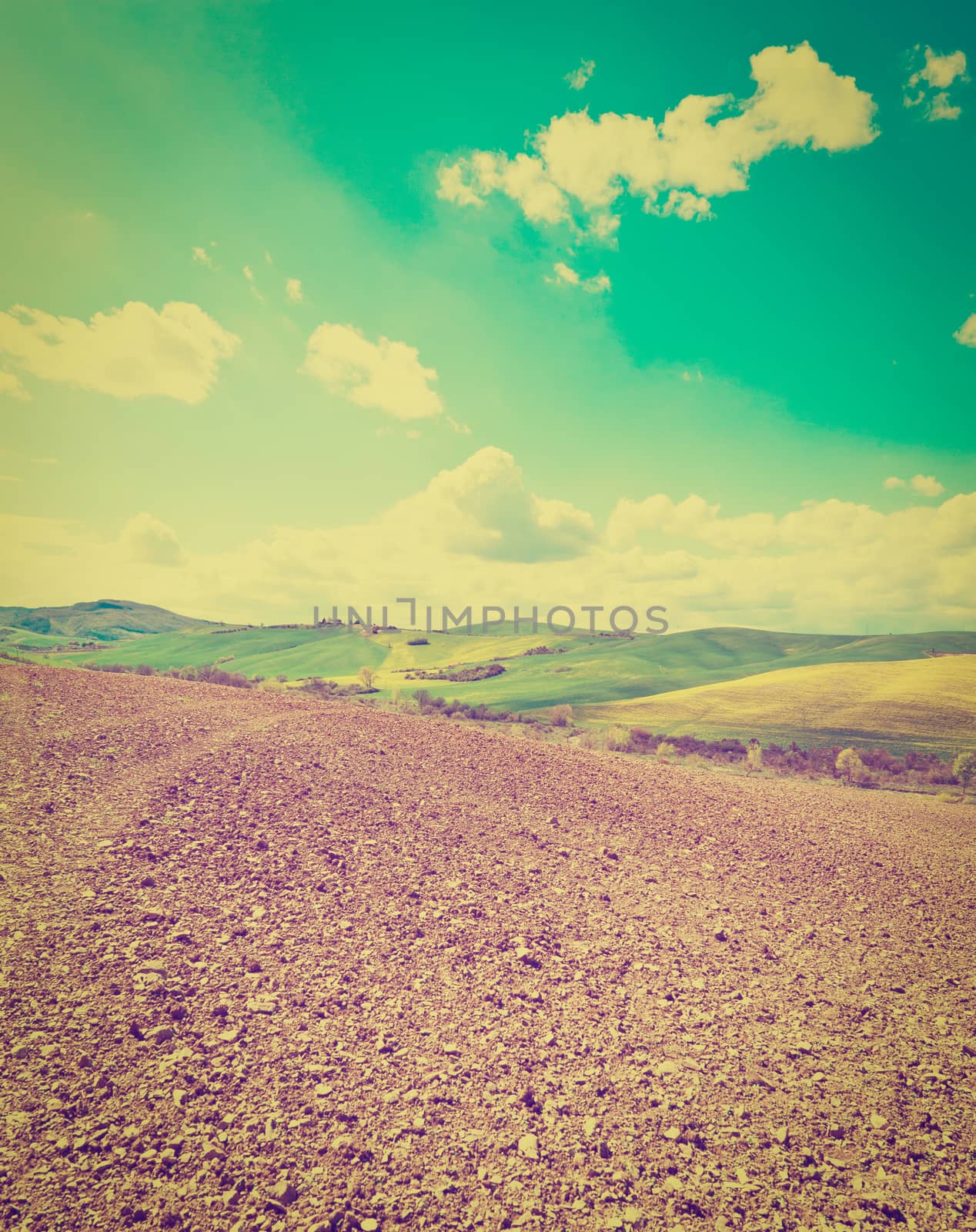 Plowed Fields and Green Sloping Meadows of Tuscany, Instagram Effect