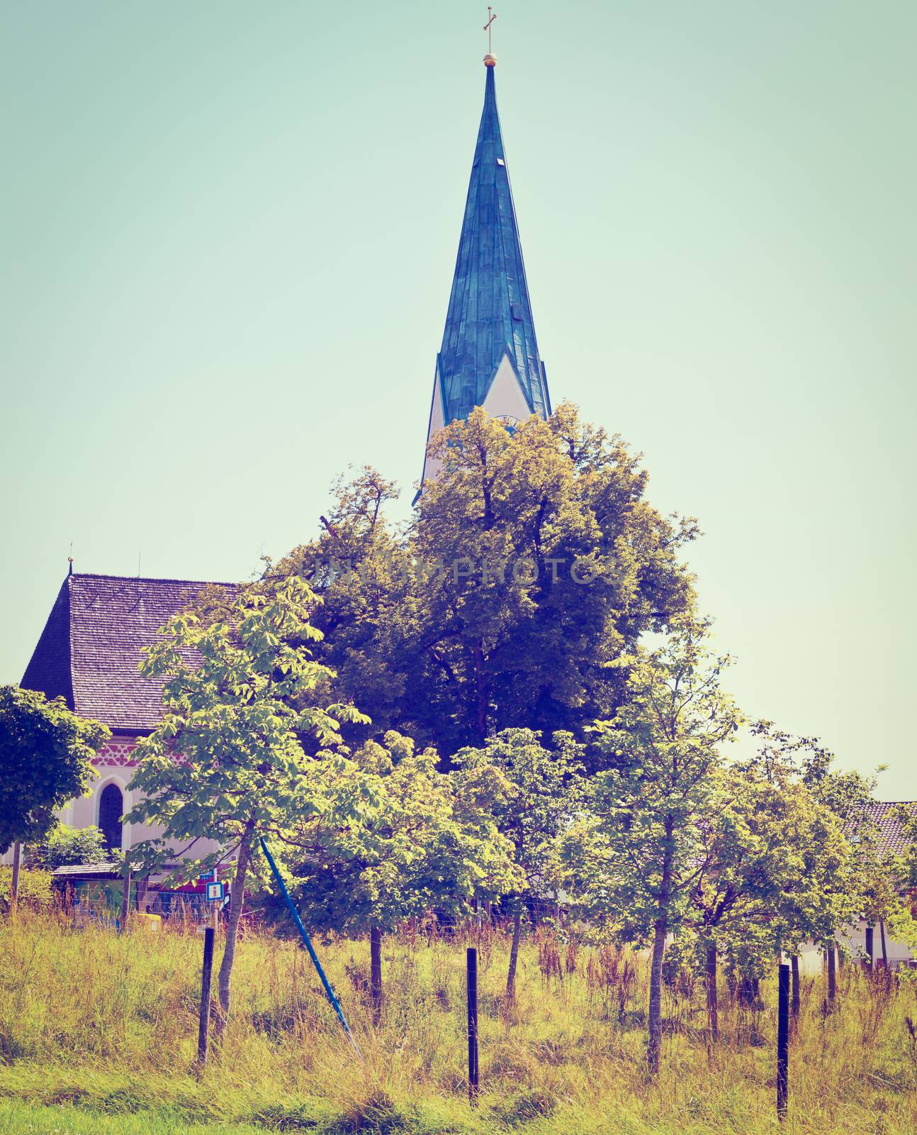 Christian Church with Clock Tower in Southern Bavaria, Instagram Effect