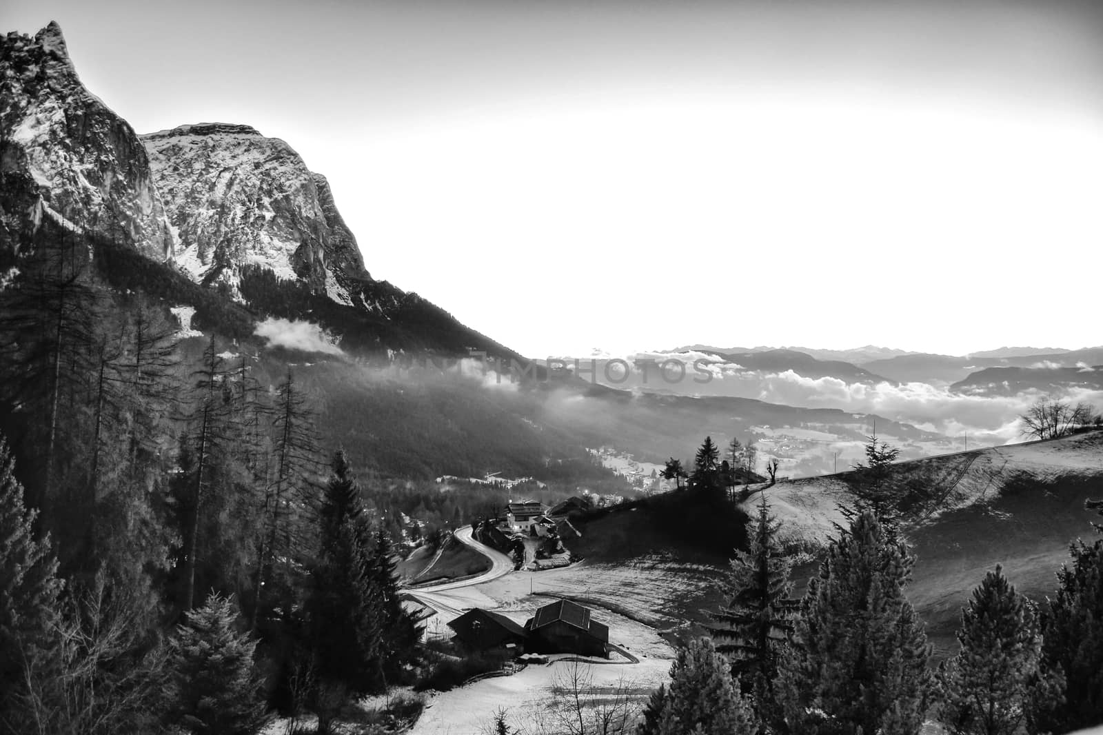 Mountain landscape shrouded in the morning fog.