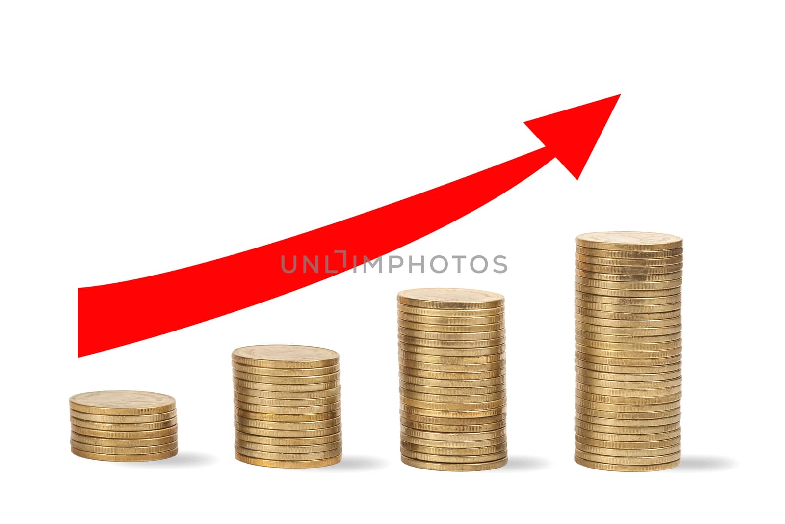 Columns of golden coins isolated