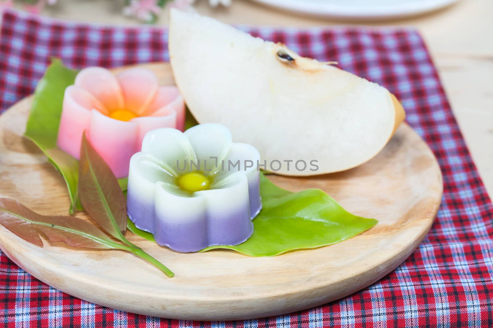 Thailand tradition ,Flower Dessert Coconut Jelly on wood 