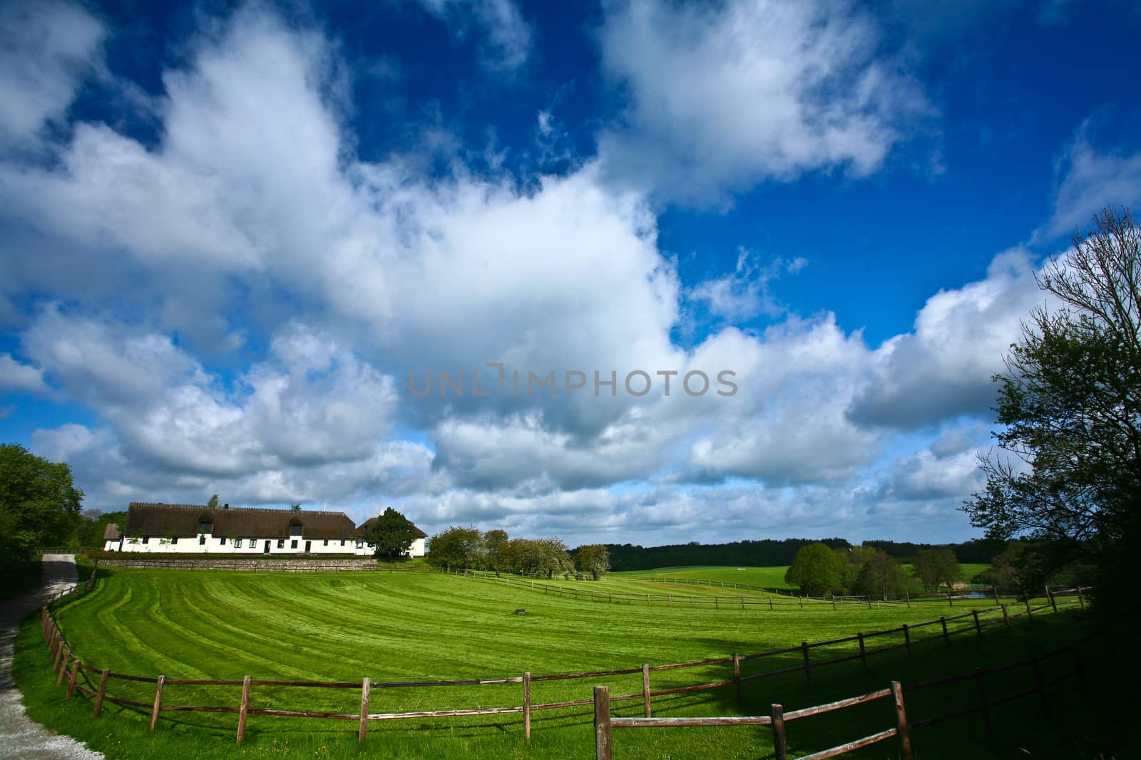 Landscape with old farm in spring in Denmark
