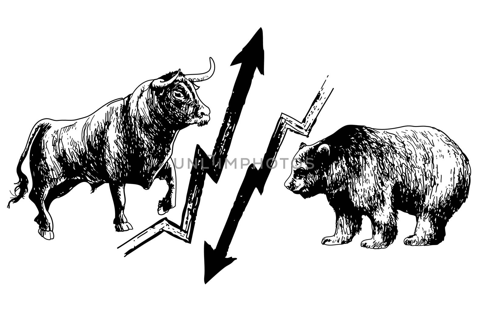 doodle hand drawn of bearish and bullish market collision