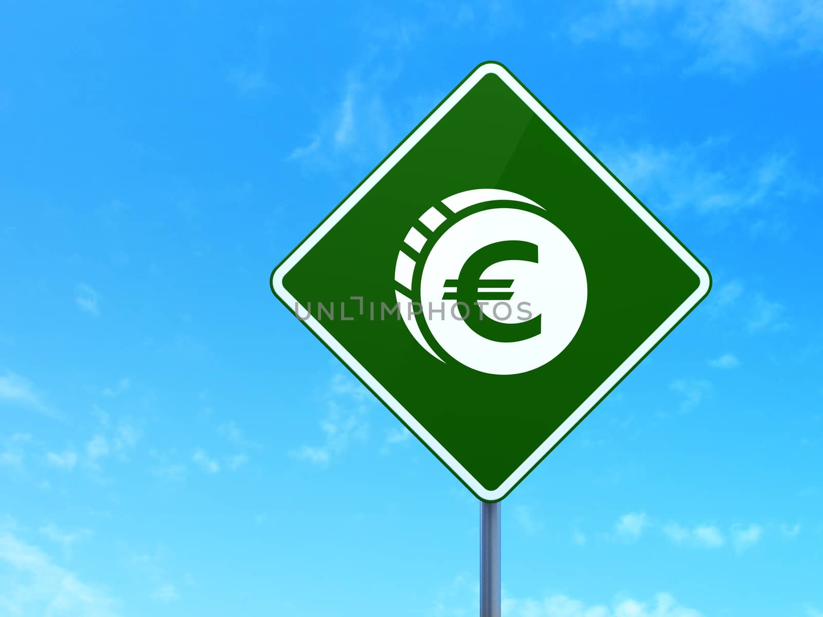 Banking concept: Euro Coin on green road (highway) sign, clear blue sky background, 3d render