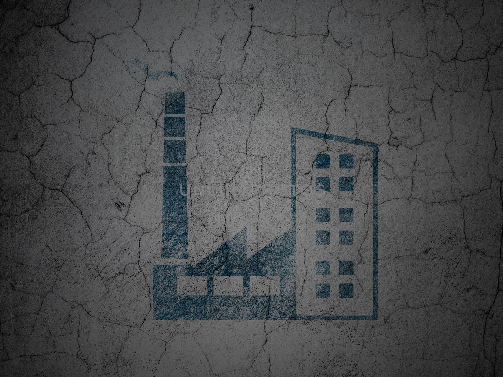 Finance concept: Blue Industry Building on grunge textured concrete wall background