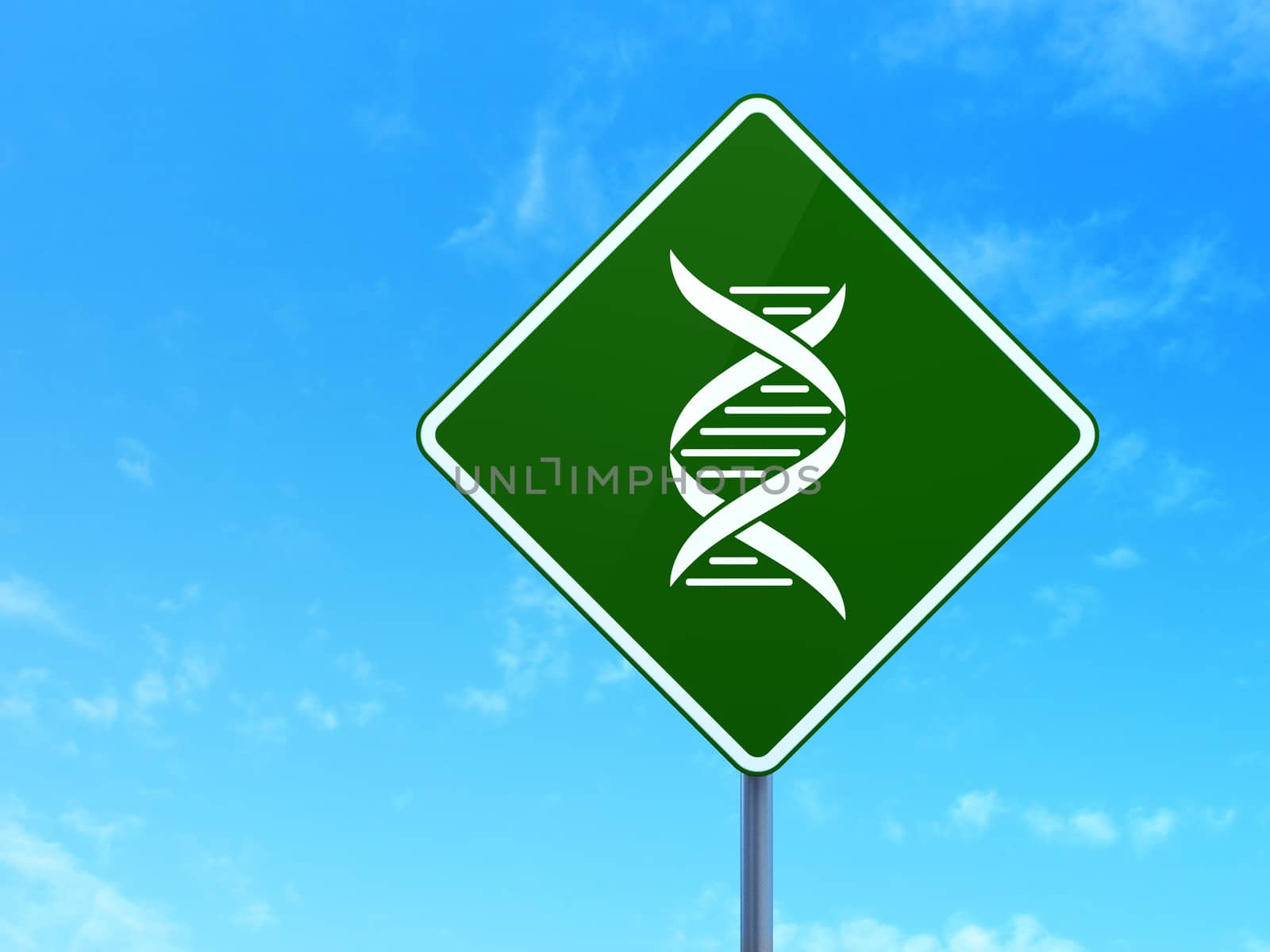 Science concept: DNA on green road (highway) sign, clear blue sky background, 3d render