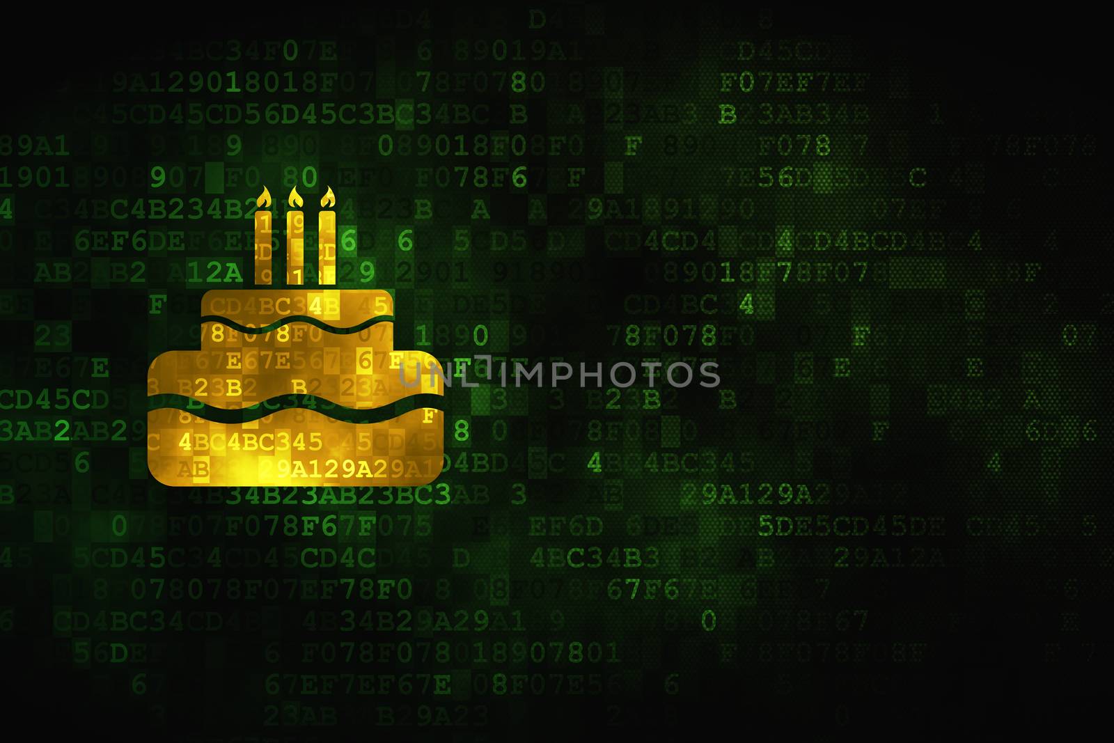 Entertainment, concept: pixelated Cake icon on digital background, empty copyspace for card, text, advertising