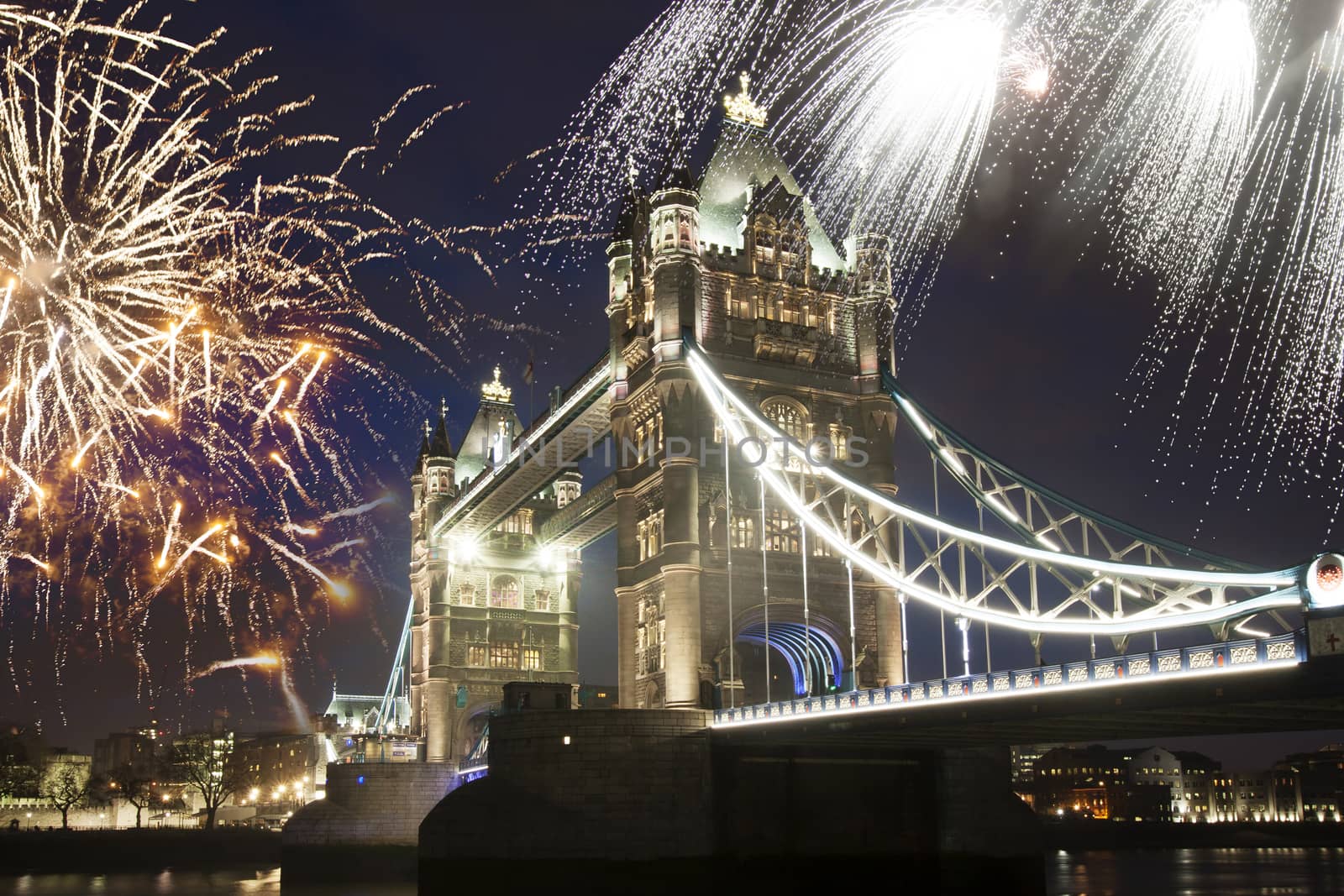 Tower bridge with firework, celebration of the New Year in London, UK