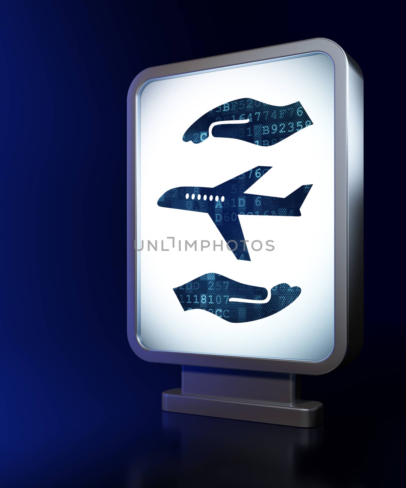 Insurance concept: Airplane And Palm on advertising billboard background, 3d render