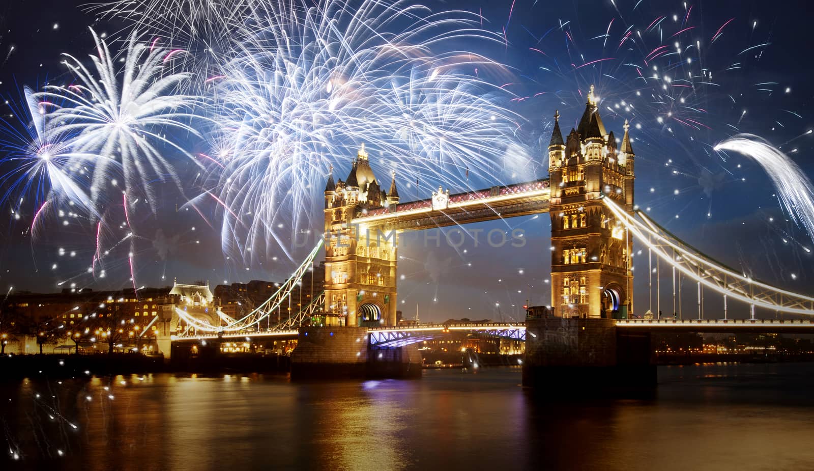 Tower bridge with firework, celebration of the New Year in London, UK