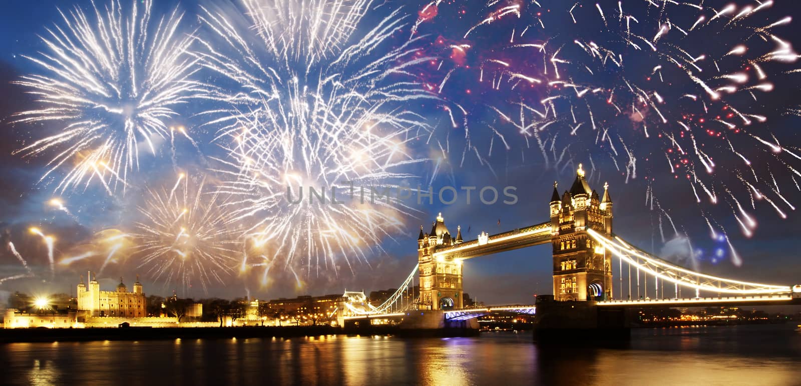 Tower bridge with firework, celebration of the New Year in London, UK by melis