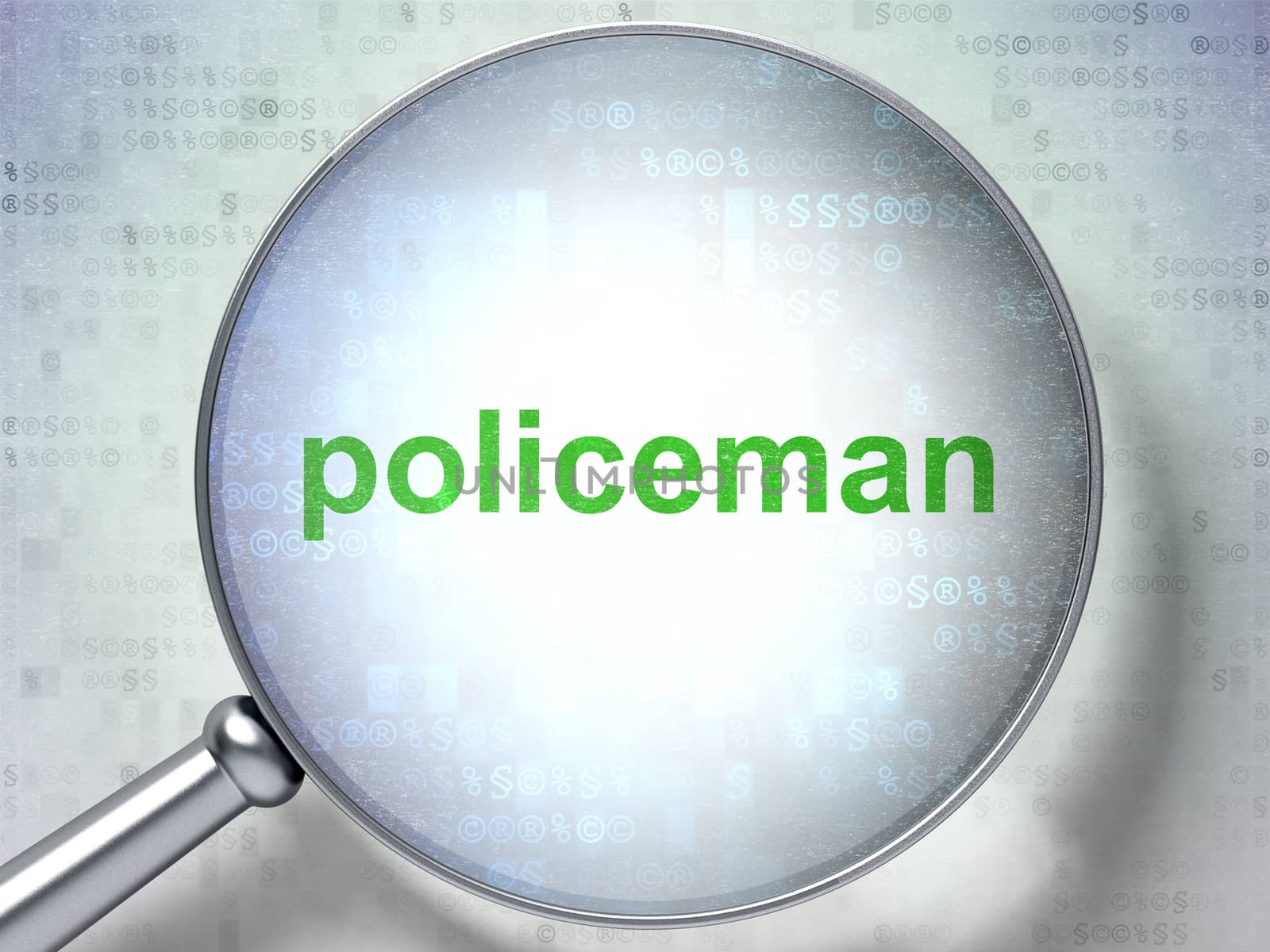 Law concept: magnifying optical glass with words Policeman on digital background