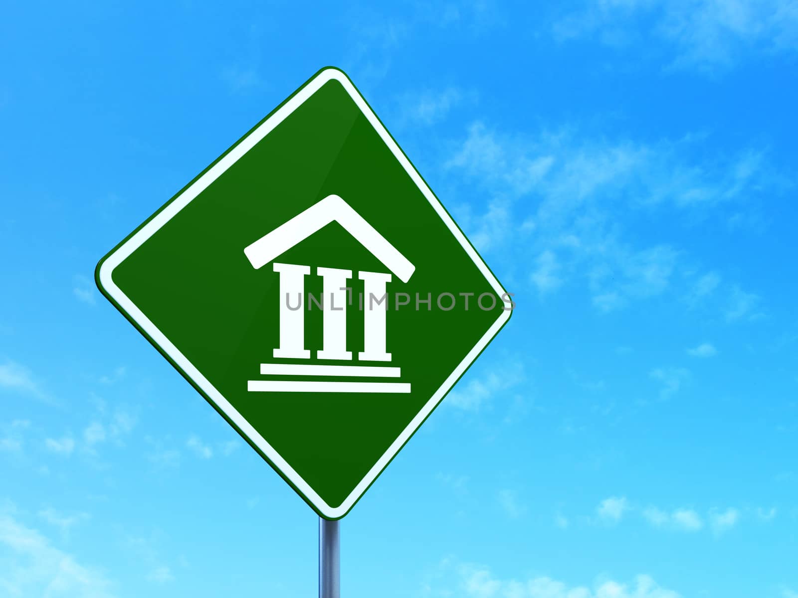Law concept: Courthouse on green road (highway) sign, clear blue sky background, 3d render