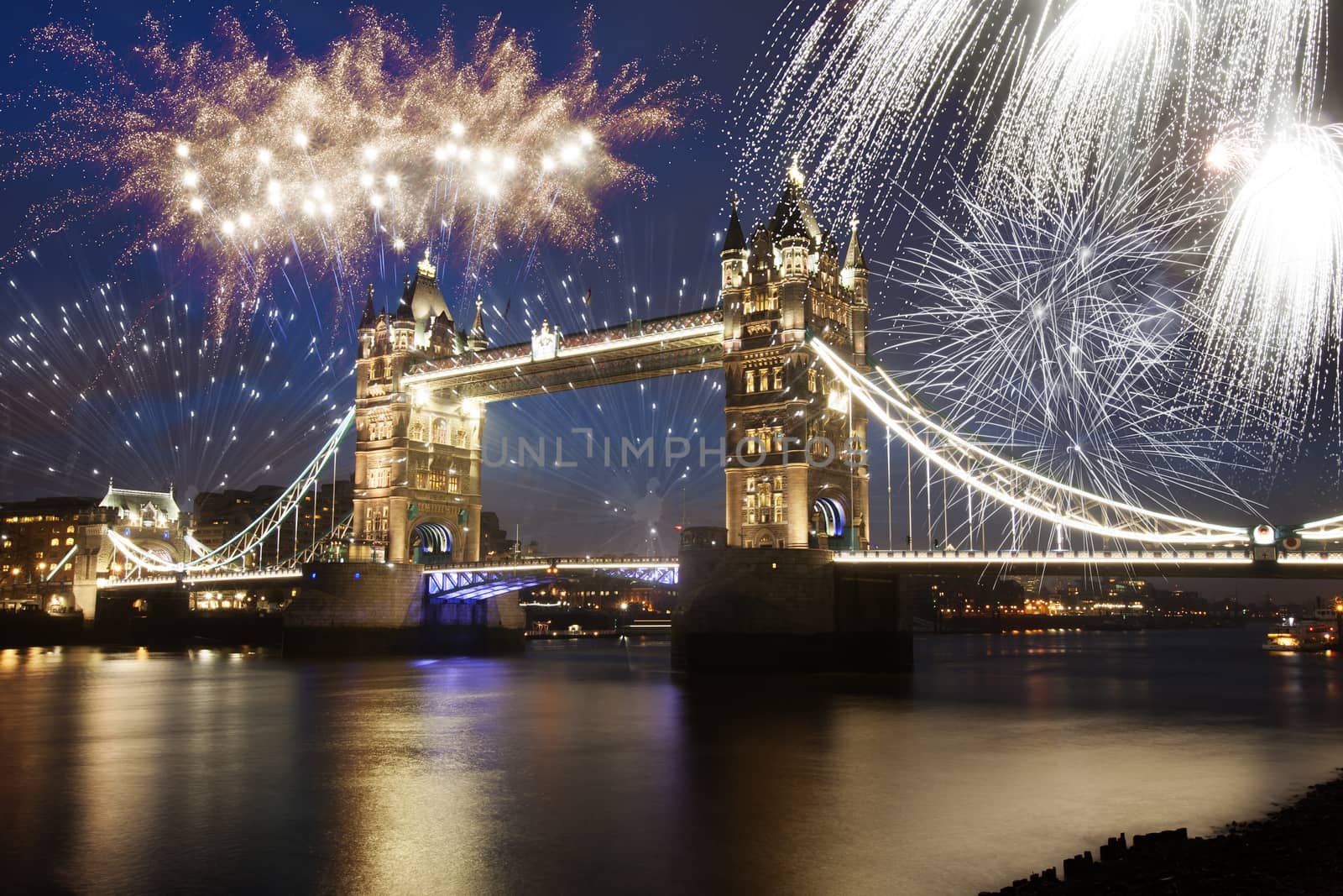 Tower bridge with firework, celebration of the New Year in London, UK by melis