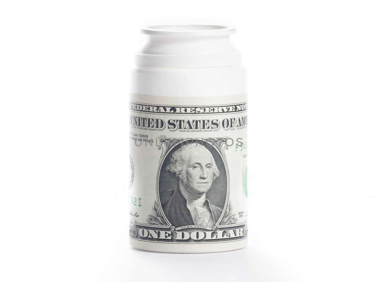 dollar on pills container under white background with space for text, cost of medical health care