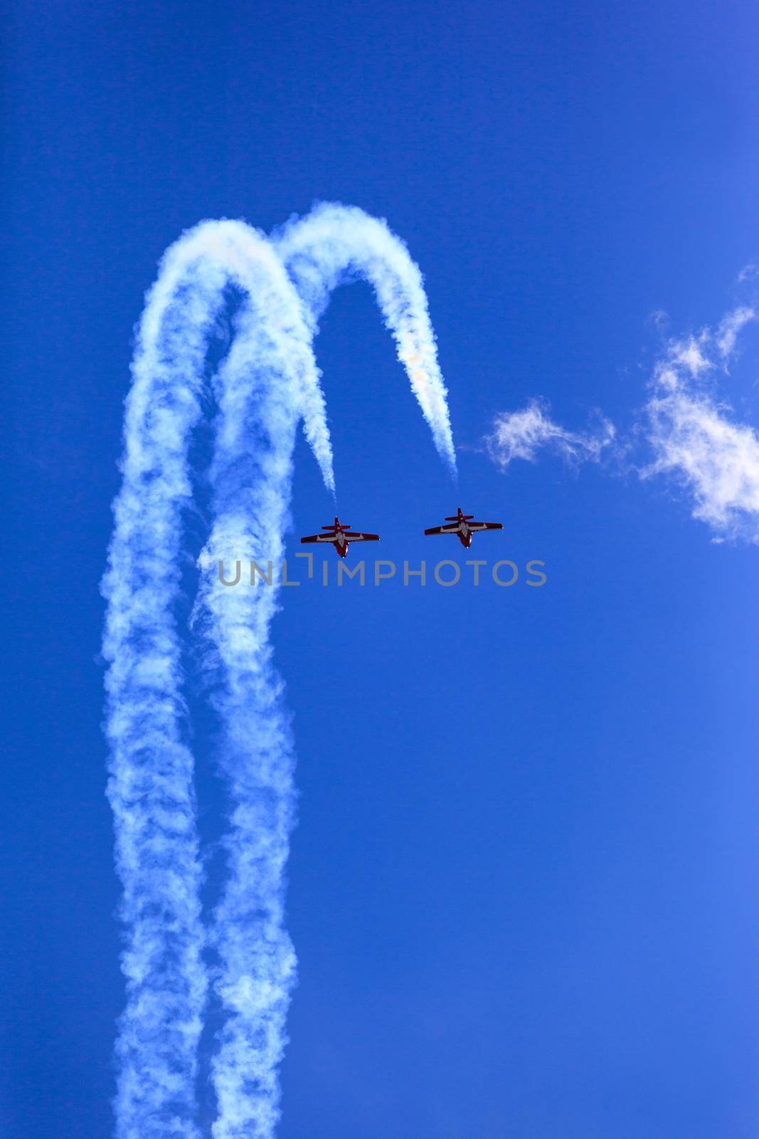 LETHBRIDGE CANADA - JUN 25, 2015: The Snowbirds Demonstration Team demonstrate the skill, professionalism, and teamwork of Canadian Forces personnel during  Wing Over Lethbridge Air Show.