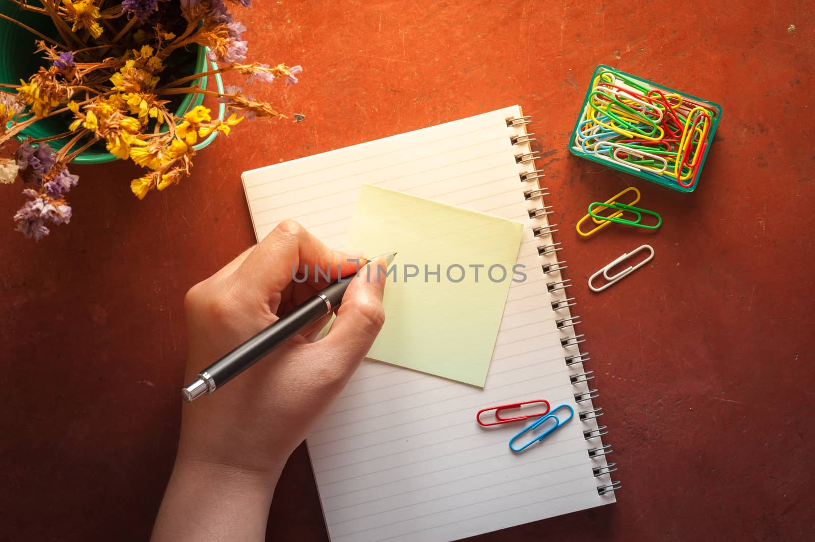 Opened notepad with pen, small sticky paper, and paper clips with female left hand writing on blank area on red cement background with morning scene