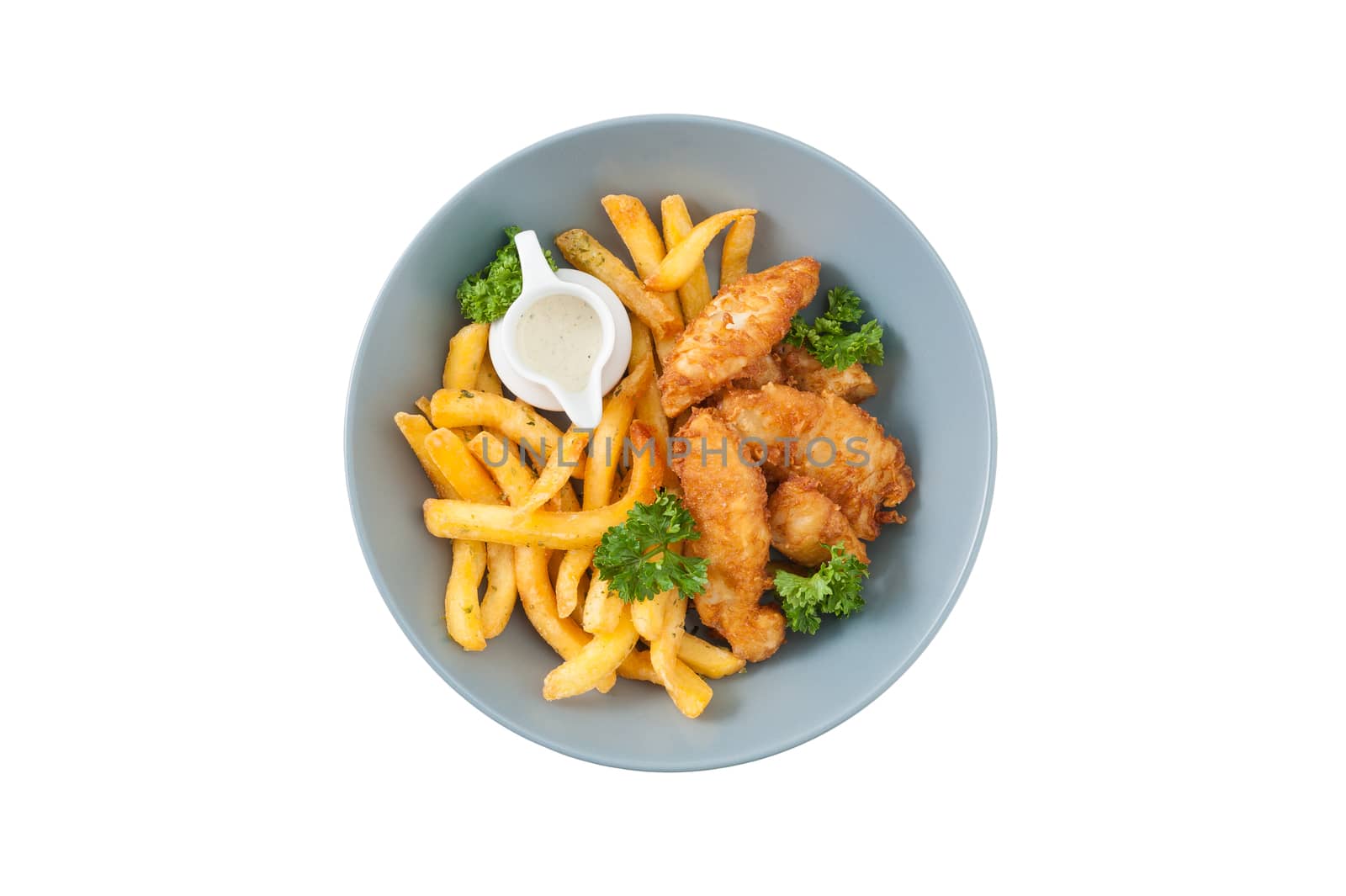 Fried Fish, french fries and tartar sauce garnished with parsley in grey dish